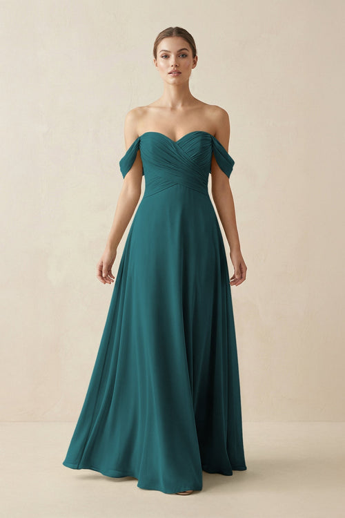 A-Line Off-the-Shoulder Chiffon Bridesmaid Dress in Pine - KissProm BRIDESMAID DRESSES