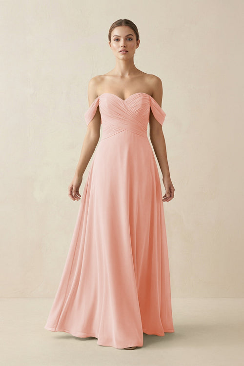 A-Line Off-the-Shoulder Chiffon Bridesmaid Dress in Rose Petal - KissProm BRIDESMAID DRESSES
