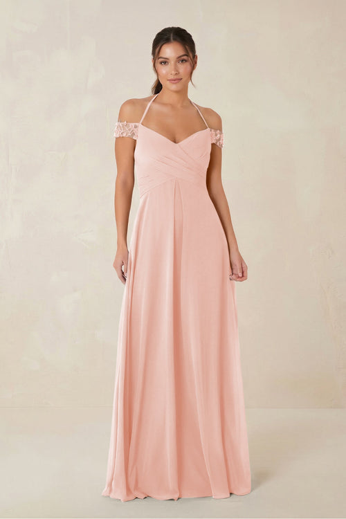 A-Line Off-the-Shoulder Chiffon Bridesmaid Dress in Rose Petal - KissProm BRIDESMAID DRESSES