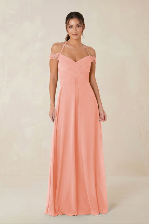 A-Line Off-the-Shoulder Chiffon Bridesmaid Dress in Rosette - KissProm BRIDESMAID DRESSES