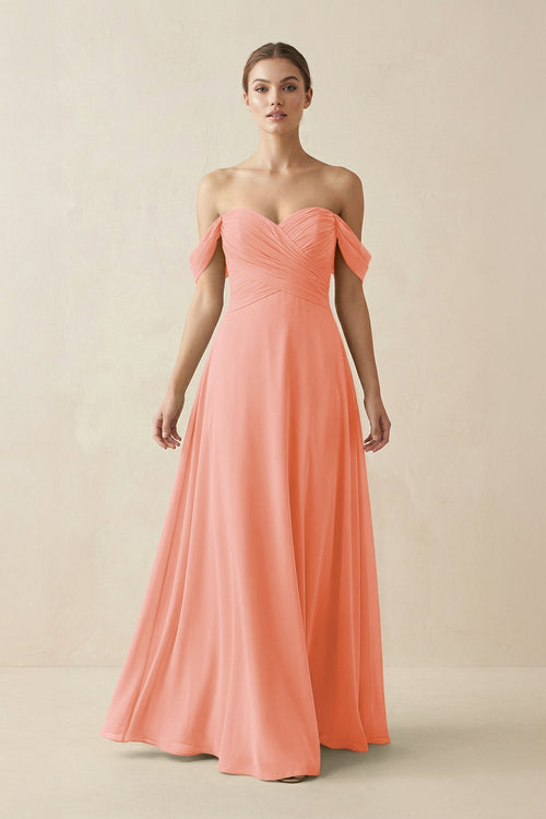 A-Line Off-the-Shoulder Chiffon Bridesmaid Dress in Rosette - KissProm BRIDESMAID DRESSES