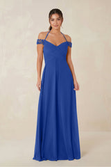A-Line Off-the-Shoulder Chiffon Bridesmaid Dress in Royal Blue - KissProm BRIDESMAID DRESSES