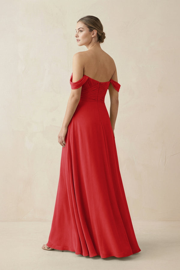 A-Line Off-the-Shoulder Chiffon Bridesmaid Dress in Ruby Red - KissProm BRIDESMAID DRESSES
