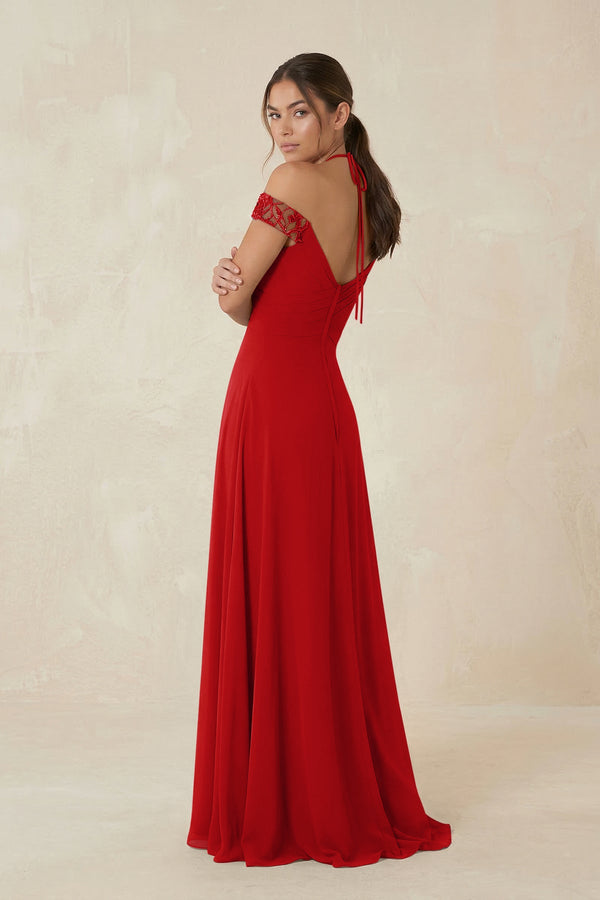 A-Line Off-the-Shoulder Chiffon Bridesmaid Dress in Ruby Red - KissProm BRIDESMAID DRESSES
