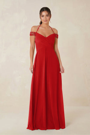 A-Line Off-the-Shoulder Chiffon Bridesmaid Dress in Ruby Red - KissProm BRIDESMAID DRESSES