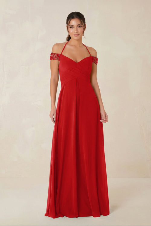 A-Line Off-the-Shoulder Chiffon Bridesmaid Dress in Ruby Red - KissProm BRIDESMAID DRESSES