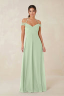 A-Line Off-the-Shoulder Chiffon Bridesmaid Dress in Sage - KissProm BRIDESMAID DRESSES
