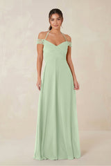 A-Line Off-the-Shoulder Chiffon Bridesmaid Dress in Sage - KissProm BRIDESMAID DRESSES