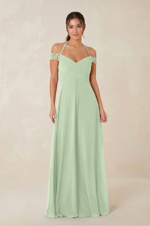 A-Line Off-the-Shoulder Chiffon Bridesmaid Dress in Sage - KissProm BRIDESMAID DRESSES