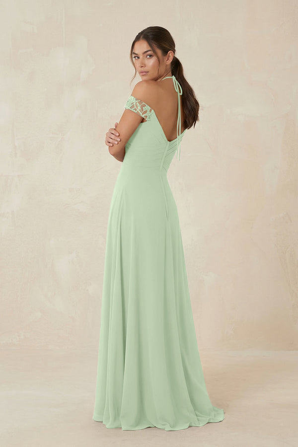 A-Line Off-the-Shoulder Chiffon Bridesmaid Dress in Sage - KissProm BRIDESMAID DRESSES