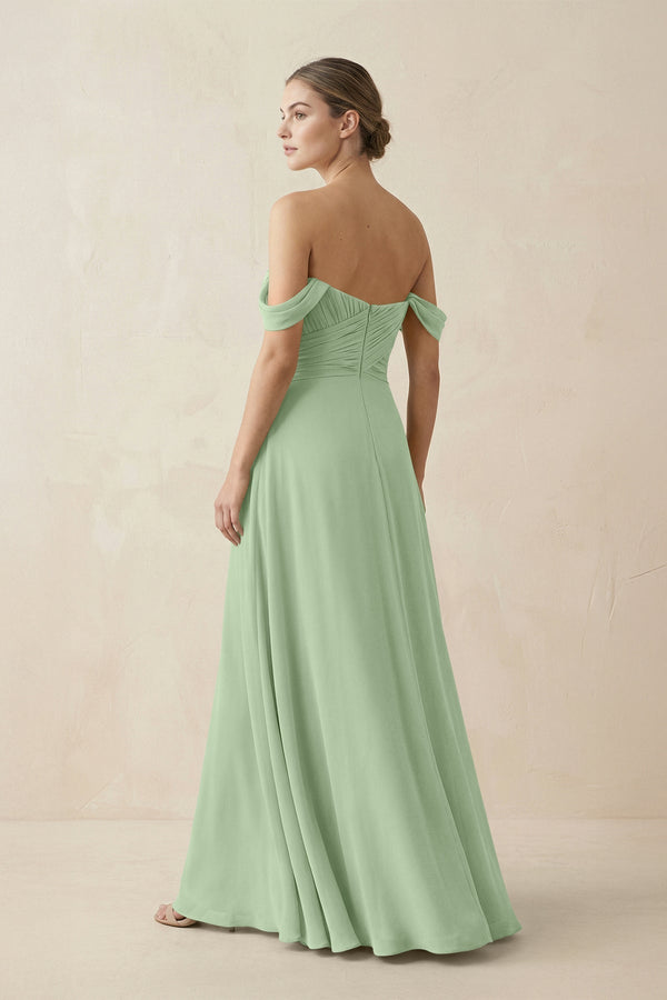 A-Line Off-the-Shoulder Chiffon Bridesmaid Dress in Sage - KissProm BRIDESMAID DRESSES