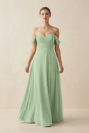 A-Line Off-the-Shoulder Chiffon Bridesmaid Dress in Sage - KissProm BRIDESMAID DRESSES