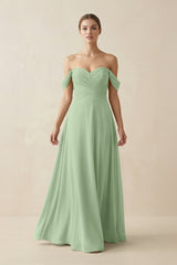A-Line Off-the-Shoulder Chiffon Bridesmaid Dress in Sage - KissProm BRIDESMAID DRESSES