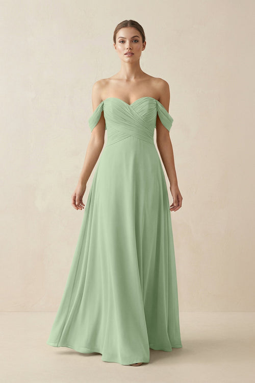 A-Line Off-the-Shoulder Chiffon Bridesmaid Dress in Sage - KissProm BRIDESMAID DRESSES