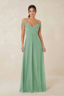 A-Line Off-the-Shoulder Chiffon Bridesmaid Dress in Sea Glass - KissProm BRIDESMAID DRESSES
