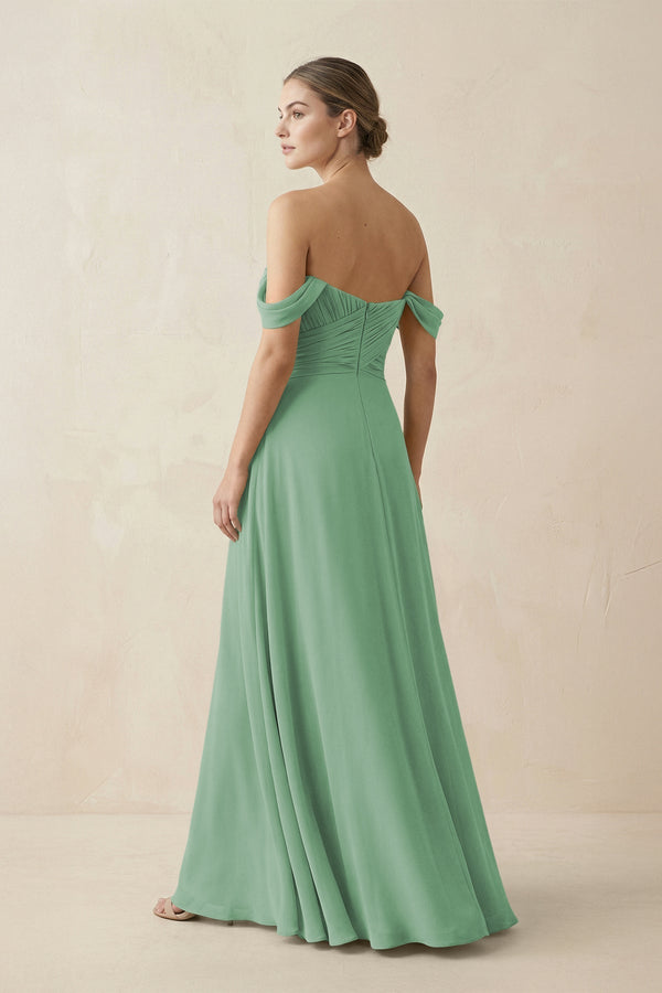 A-Line Off-the-Shoulder Chiffon Bridesmaid Dress in Sea Glass - KissProm BRIDESMAID DRESSES