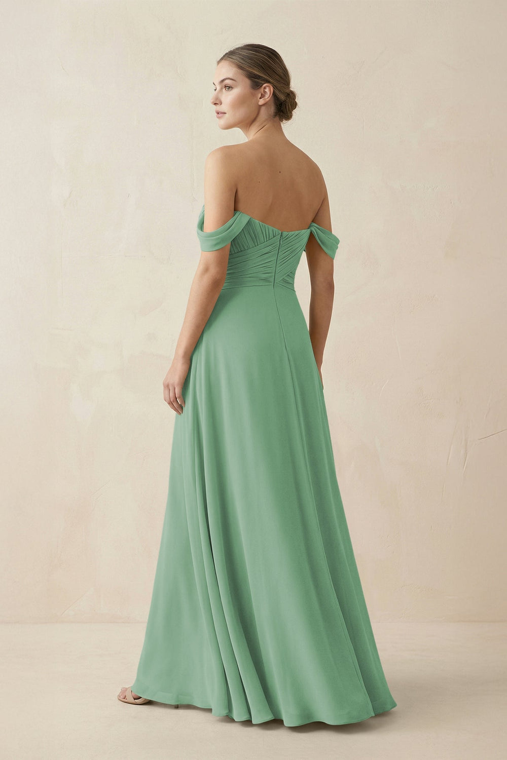 A-Line Off-the-Shoulder Chiffon Bridesmaid Dress in Sea Glass - KissProm BRIDESMAID DRESSES