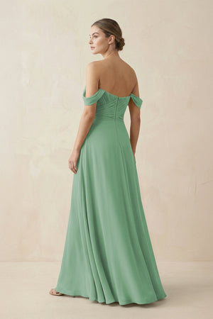 A-Line Off-the-Shoulder Chiffon Bridesmaid Dress in Sea Glass - KissProm BRIDESMAID DRESSES