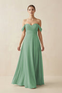 A-Line Off-the-Shoulder Chiffon Bridesmaid Dress in Sea Glass - KissProm BRIDESMAID DRESSES
