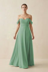 A-Line Off-the-Shoulder Chiffon Bridesmaid Dress in Sea Glass - KissProm BRIDESMAID DRESSES
