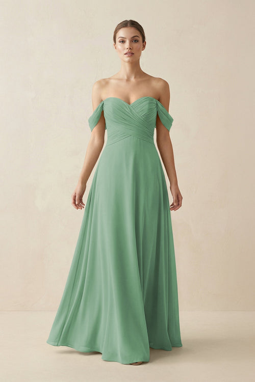 A-Line Off-the-Shoulder Chiffon Bridesmaid Dress in Sea Glass - KissProm BRIDESMAID DRESSES