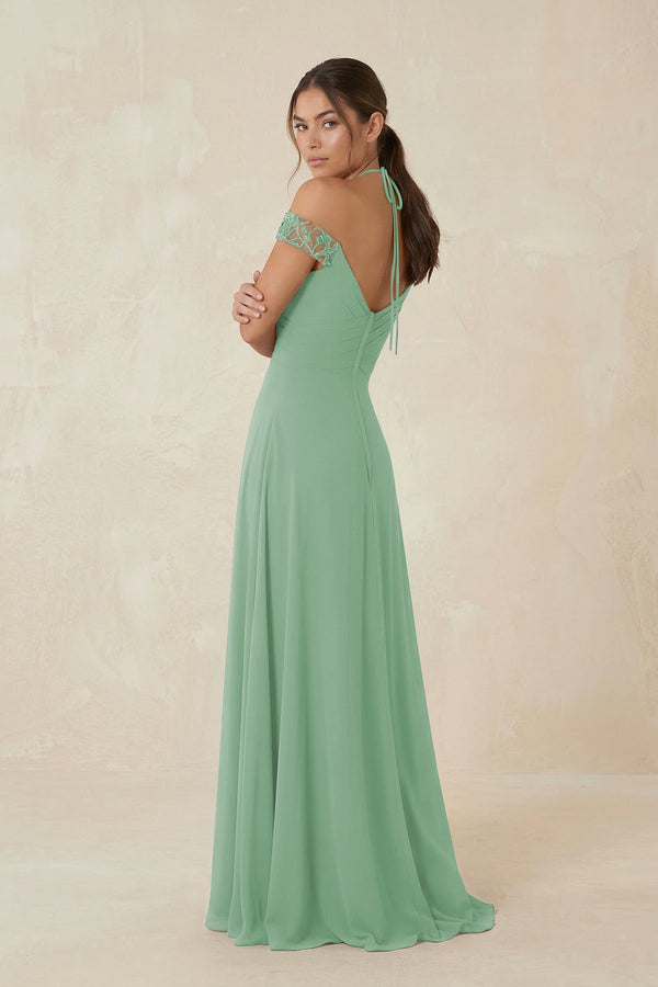 A-Line Off-the-Shoulder Chiffon Bridesmaid Dress in Sea Glass - KissProm BRIDESMAID DRESSES