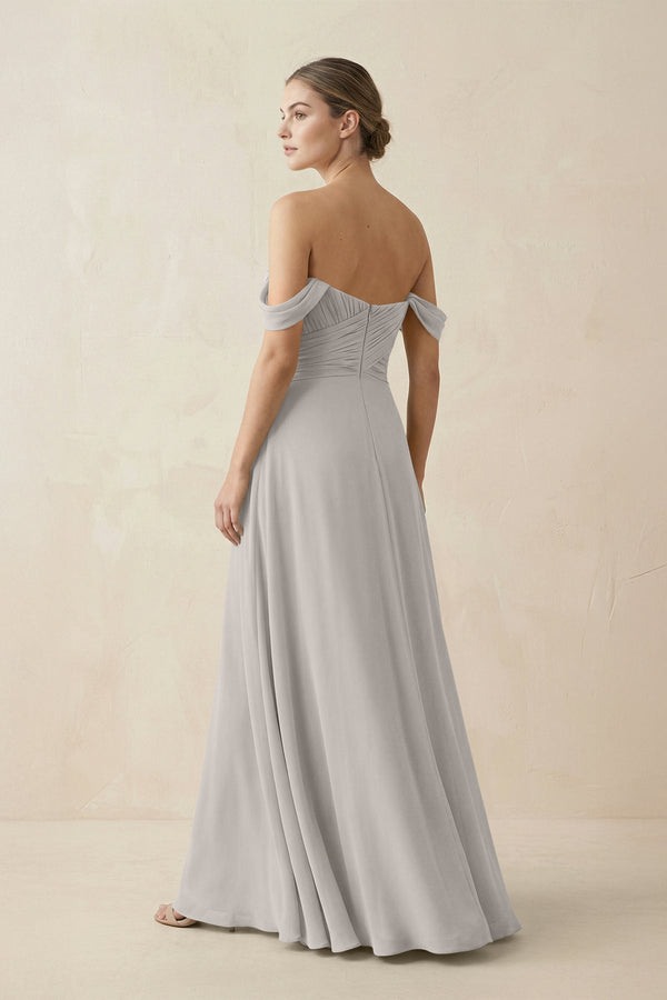 A-Line Off-the-Shoulder Chiffon Bridesmaid Dress in Silver - KissProm BRIDESMAID DRESSES