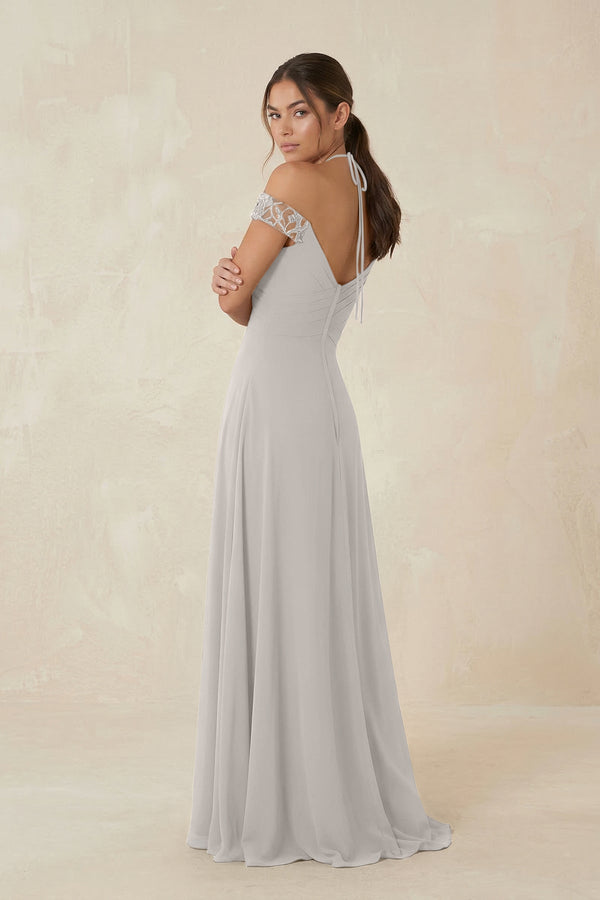 A-Line Off-the-Shoulder Chiffon Bridesmaid Dress in Silver - KissProm BRIDESMAID DRESSES