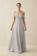 A-Line Off-the-Shoulder Chiffon Bridesmaid Dress in Silver - KissProm BRIDESMAID DRESSES