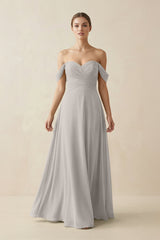 A-Line Off-the-Shoulder Chiffon Bridesmaid Dress in Silver - KissProm BRIDESMAID DRESSES