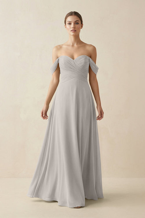 A-Line Off-the-Shoulder Chiffon Bridesmaid Dress in Silver - KissProm BRIDESMAID DRESSES