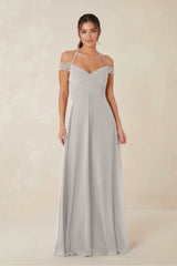 A-Line Off-the-Shoulder Chiffon Bridesmaid Dress in Silver - KissProm BRIDESMAID DRESSES