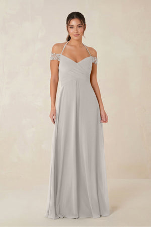 A-Line Off-the-Shoulder Chiffon Bridesmaid Dress in Silver - KissProm BRIDESMAID DRESSES