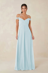 A-Line Off-the-Shoulder Chiffon Bridesmaid Dress in Sky Blue - KissProm BRIDESMAID DRESSES