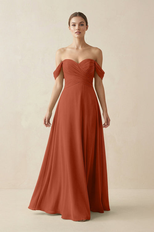 A-Line Off-the-Shoulder Chiffon Bridesmaid Dress in Spice - KissProm BRIDESMAID DRESSES
