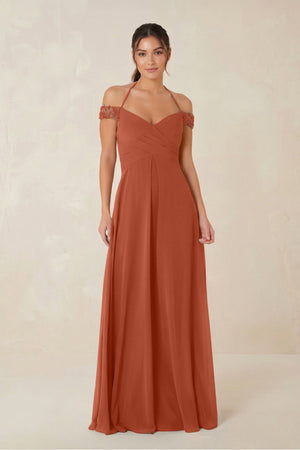 A-Line Off-the-Shoulder Chiffon Bridesmaid Dress in Spice - KissProm BRIDESMAID DRESSES