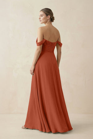 A-Line Off-the-Shoulder Chiffon Bridesmaid Dress in Spice - KissProm BRIDESMAID DRESSES