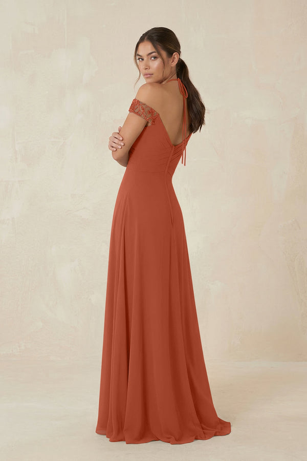 A-Line Off-the-Shoulder Chiffon Bridesmaid Dress in Spice - KissProm BRIDESMAID DRESSES