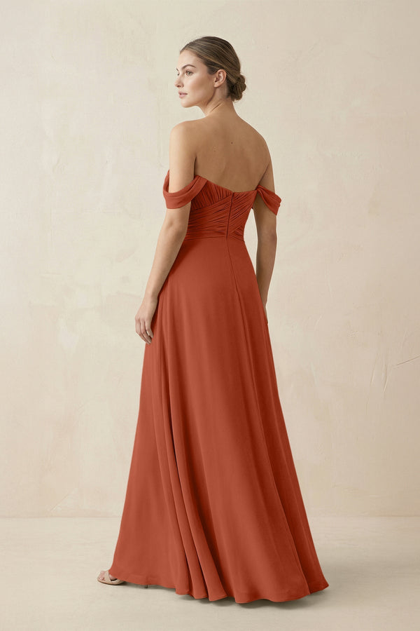 A-Line Off-the-Shoulder Chiffon Bridesmaid Dress in Spice - KissProm BRIDESMAID DRESSES