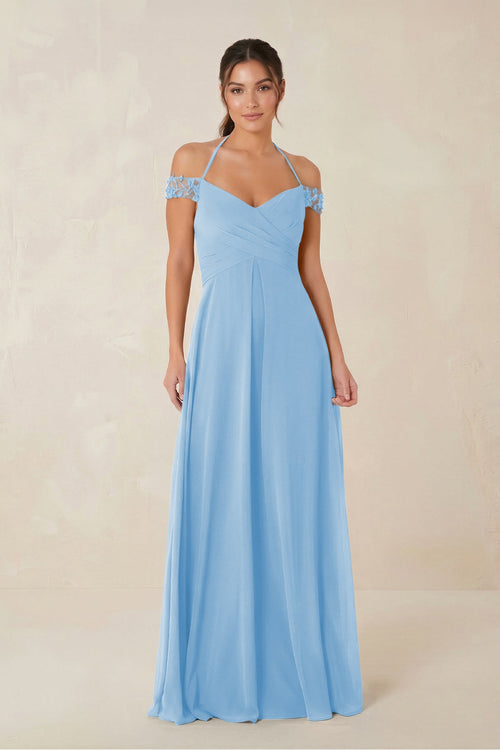 A-Line Off-the-Shoulder Chiffon Bridesmaid Dress in Steel Blue - KissProm BRIDESMAID DRESSES