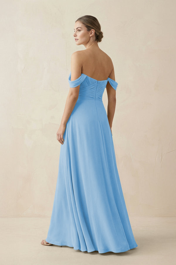 A-Line Off-the-Shoulder Chiffon Bridesmaid Dress in Steel Blue - KissProm BRIDESMAID DRESSES