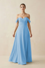 A-Line Off-the-Shoulder Chiffon Bridesmaid Dress in Steel Blue - KissProm BRIDESMAID DRESSES