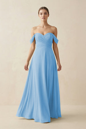 A-Line Off-the-Shoulder Chiffon Bridesmaid Dress in Steel Blue - KissProm BRIDESMAID DRESSES