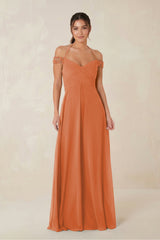 A-Line Off-the-Shoulder Chiffon Bridesmaid Dress in Terracotta - KissProm BRIDESMAID DRESSES