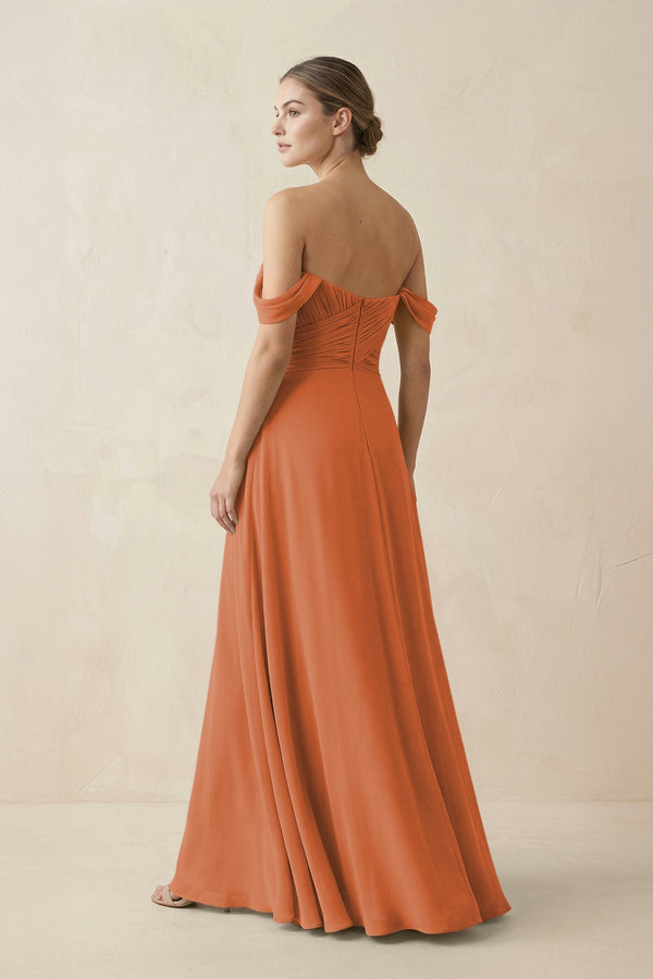 A-Line Off-the-Shoulder Chiffon Bridesmaid Dress in Terracotta - KissProm BRIDESMAID DRESSES