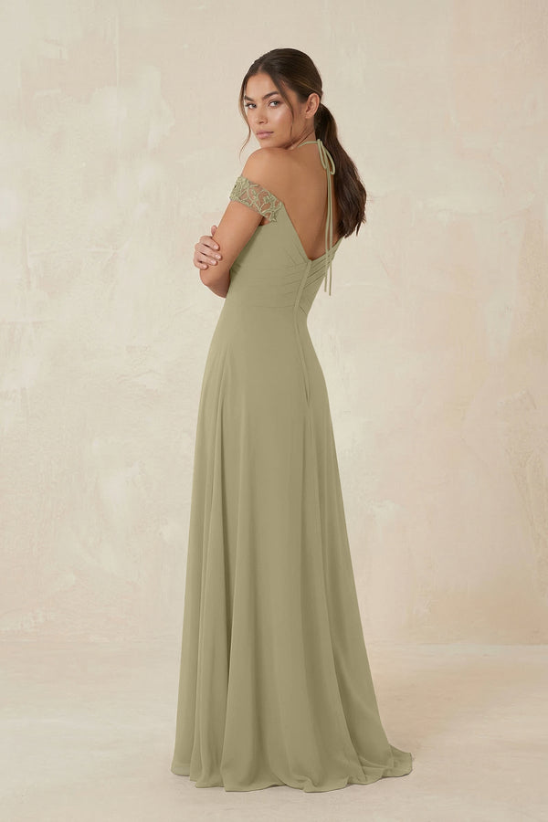 A-Line Off-the-Shoulder Chiffon Bridesmaid Dress in Thyme - KissProm BRIDESMAID DRESSES