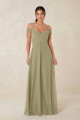 A-Line Off-the-Shoulder Chiffon Bridesmaid Dress in Thyme - KissProm BRIDESMAID DRESSES