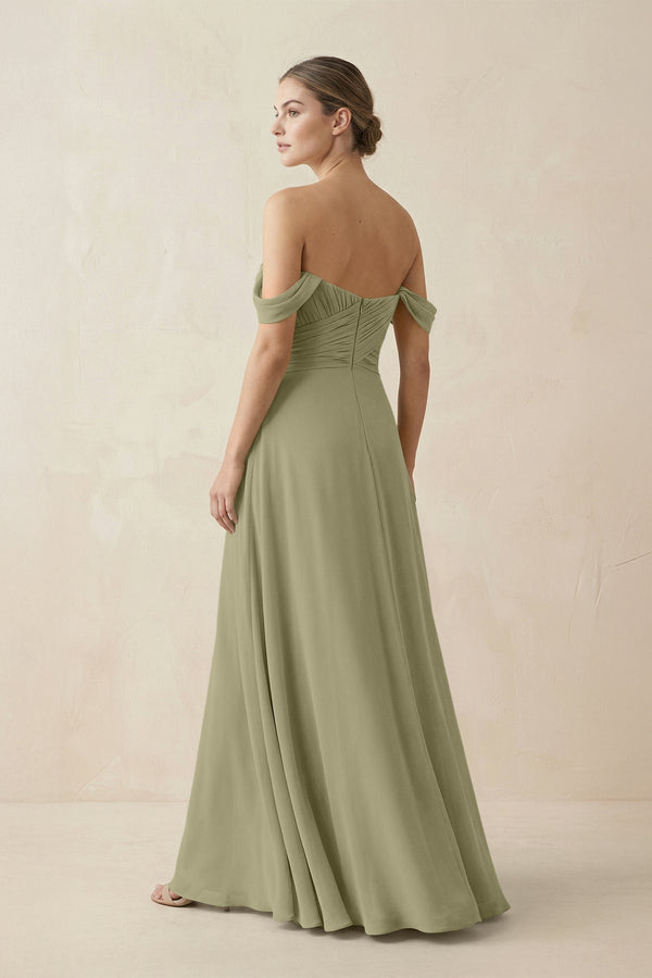 A-Line Off-the-Shoulder Chiffon Bridesmaid Dress in Thyme - KissProm BRIDESMAID DRESSES