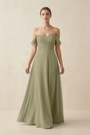 A-Line Off-the-Shoulder Chiffon Bridesmaid Dress in Thyme - KissProm BRIDESMAID DRESSES