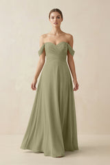 A-Line Off-the-Shoulder Chiffon Bridesmaid Dress in Thyme - KissProm BRIDESMAID DRESSES